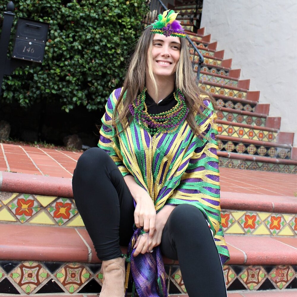 Mardi Gras Sparkling Fishnet Poncho Coverup with Tassels One Size Purple Gold - Picture 3 of 6